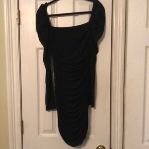 Pretty black body conscious ruched dress with sheer long sleeves Sz lg TT